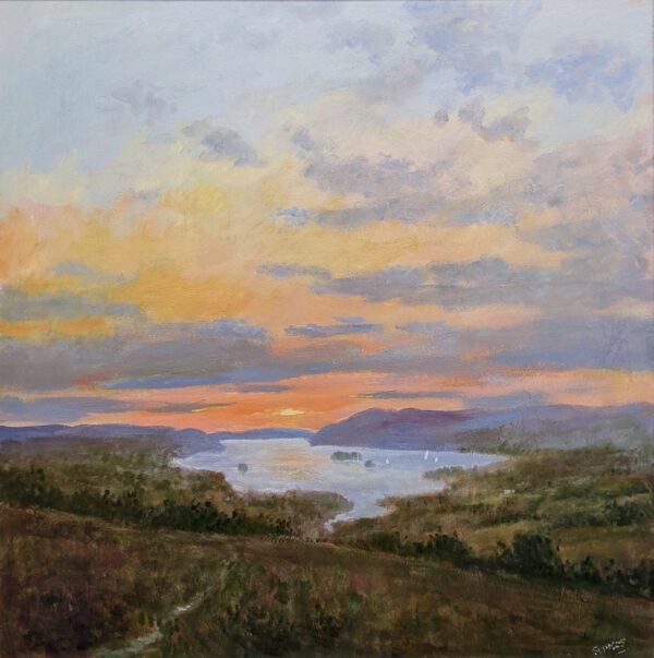 Oil painting of a tranquil lake at sunset, with rolling hills, soft pastel clouds, and warm orange and pink light reflecting on the water.