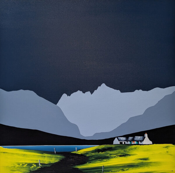 Lake District art by Jay Nottingham. A contemporary original acrylic paintings of Langdale Pikes featuring surrounding fells in bold silhouettes in a contrasting style.