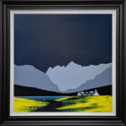 Lake District art by Jay Nottingham. A contemporary original acrylic paintings of Langdale Pikes featuring surrounding fells in bold silhouettes in a contrasting style.