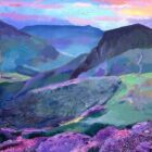 Colorful mountain landscape at sunset with pink clouds, green hills, and purple heather in the foreground