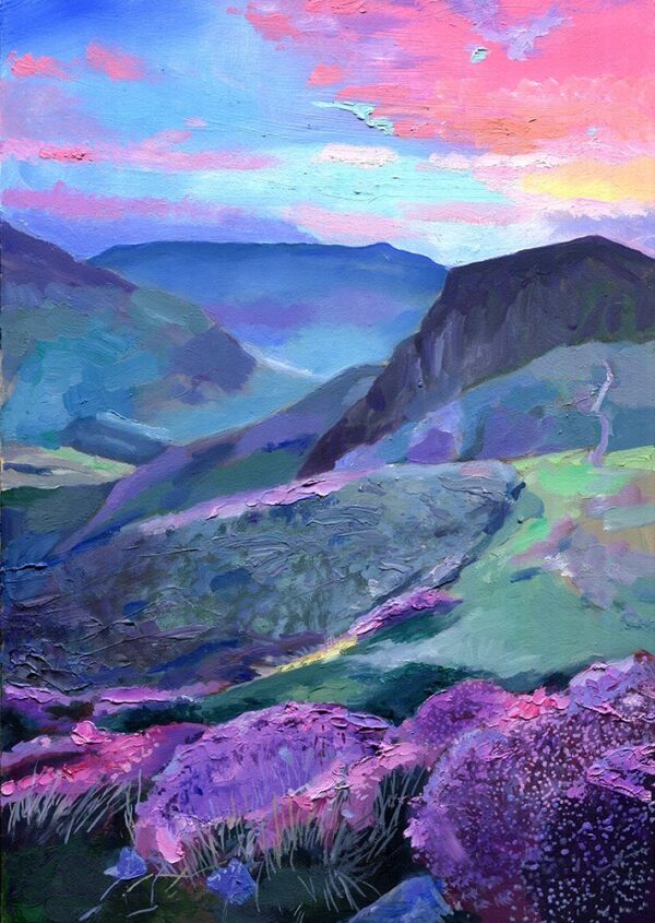 Colorful mountain landscape at sunset with pink clouds, green hills, and purple heather in the foreground