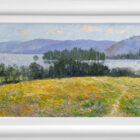 Lake District art original oil painting by Jeff Sudders. Yellow meadow overlooking lake windermere with sailing boats and fells in the distance. Displayed in a white cushioned frame.