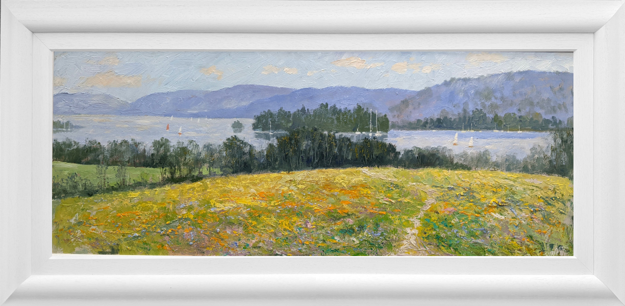 Lake District art original oil painting by Jeff Sudders. Yellow meadow overlooking lake windermere with sailing boats and fells in the distance. Displayed in a white cushioned frame.