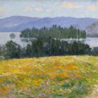 Lake District art original oil painting by Jeff Sudders. Yellow meadow overlooking lake windermere with sailing boats and fells in the distance.