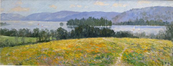 Lake District art original oil painting by Jeff Sudders. Yellow meadow overlooking lake windermere with sailing boats and fells in the distance.