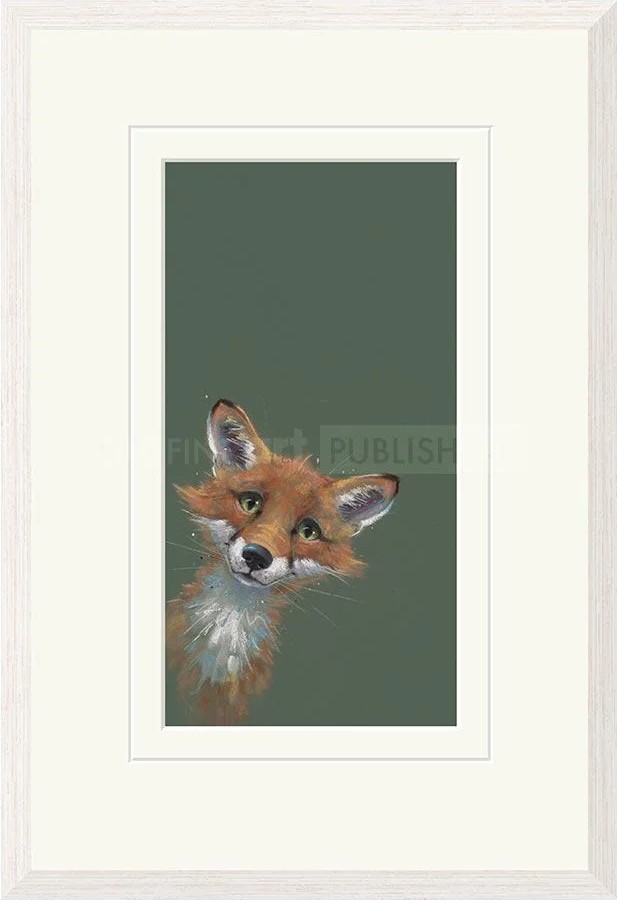 Limited Edition Print by British Artist Nicky Litchfield. Loveable rogue featuring red fox peeking into frame on a green background.