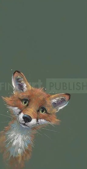 Limited Edition Print by British Artist Nicky Litchfield. Loveable rogue featuring red fox peeking into frame on a green background.