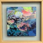 Original mixed media painting by Kate Boyce featuring abstract lilies blue and pink tones on wood panel. Displayed in a birch tray frame with painted back panel.