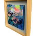 Original mixed media painting by Kate Boyce featuring abstract lilies blue and pink tones on wood panel. Displayed in a birch tray frame with painted back panel.