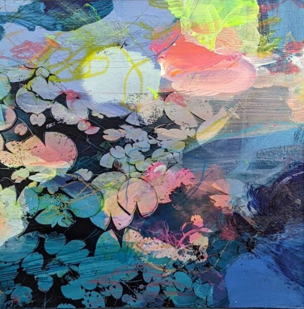 Original mixed media painting by Kate Boyce featuring abstract lilies blue and pink tones on wood panel. Displayed in a birch tray frame with painted back panel.