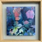 Original mixed media painting by Kate Boyce featuring abstract lilies blue and pink tones on wood panel. Displayed in a birch tray frame with painted back panel.