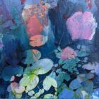 Original mixed media painting by Kate Boyce featuring abstract lilies blue and pink tones on wood panel. Displayed in a birch tray frame with painted back panel.