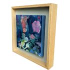 Original mixed media painting by Kate Boyce featuring abstract lilies blue and pink tones on wood panel. Displayed in a birch tray frame with painted back panel.