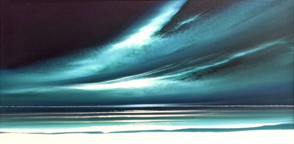 lake district art original acrylic painting by award winning artist jonathan shaw. Featuring Northern Skies a contemporary skyscape with big sweeping clouds. Deep turquoise blue colours used.