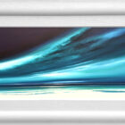 Lake District art original acrylic by Jonathan Shaw featuring Northern Skies a dramatic skyscape of turquoise blue. Displayed in a white cushioned frame.