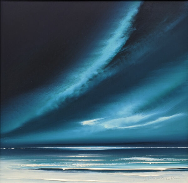 Acrylic painting by Jonathan shaw of sweeping turquoise skies reflected in the sea