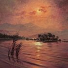 Original lake district oil painting by Andrew Grant Kurtis. Tranquil sunset tones reflected across Rydal Water glisten in the ripples of the water