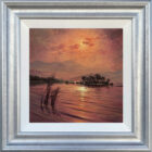 Original lake district oil painting by Andrew Grant Kurtis. Tranquil sunset tones reflected across Rydal Water glisten in the ripples of the water