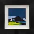 Lake District Art original acrylic painting Skiddaw near Derwentwater by Jay Nottingham in his dramatic style of mountain sihouettes in blues with a cottage in the foreground.
