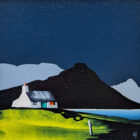 Lake District Art original acrylic painting Skiddaw near Derwentwater by Jay Nottingham in his dramatic style of mountain sihouettes in blues with a cottage in the foreground.