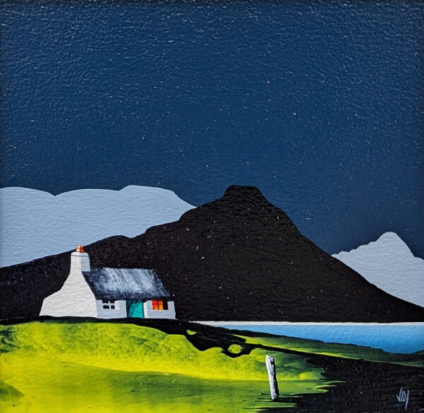 Lake District Art original acrylic painting Skiddaw near Derwentwater by Jay Nottingham in his dramatic style of mountain sihouettes in blues with a cottage in the foreground.