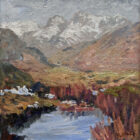 lake district art original oil painting by local artist Jeff Sudders featuring snow on the tops of langdale pike fells