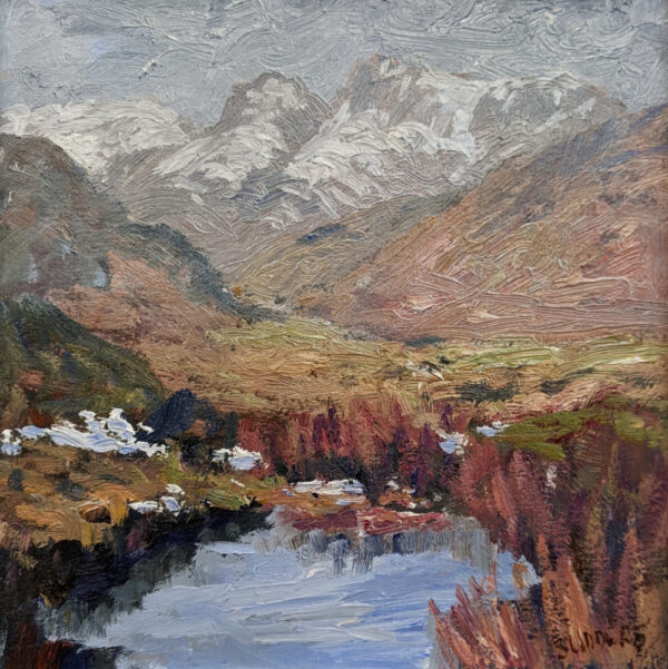 lake district art original oil painting by local artist Jeff Sudders featuring snow on the tops of langdale pike fells