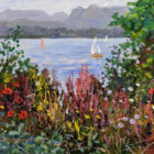 Lake District art original oil painting by Jeff Sudders. summer afternoon sail on windermere featuring colourful wildflowers including poppies and giant daisies