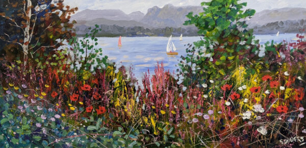 Lake District art original oil painting by Jeff Sudders. summer afternoon sail on windermere featuring colourful wildflowers including poppies and giant daisies