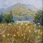 lake district art original oil painting by local artist Jeff Sudders featuring a summer meadow blooming fields with lake and fells in the distance.