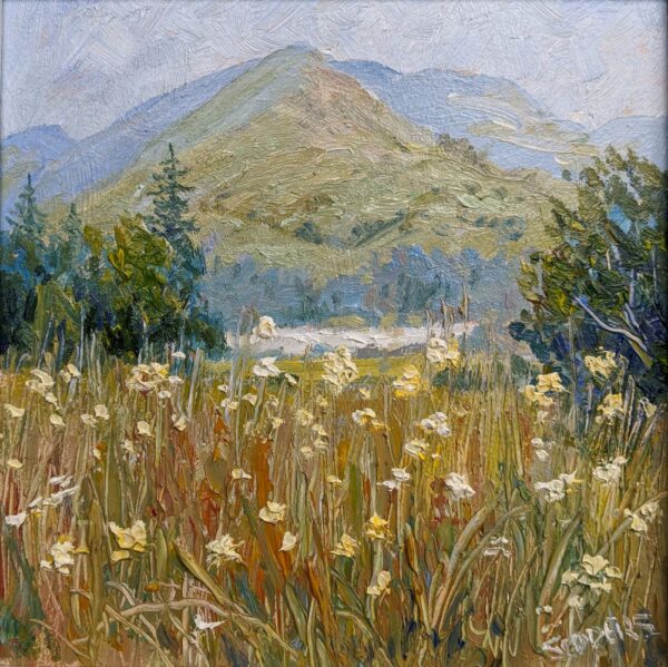 lake district art original oil painting by local artist Jeff Sudders featuring a summer meadow blooming fields with lake and fells in the distance.
