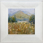 lake district art original oil painting by local artist Jeff Sudders featuring a summer meadow blooming fields with lake and fells in the distance.