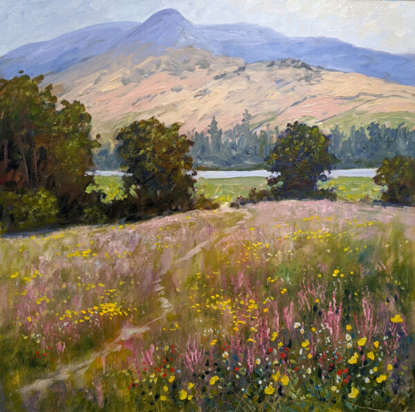 lake district art original oil painting by local artist Jeff Sudders featuring blossoming flowers in Borrans field over looking lake Windermere and fells.
