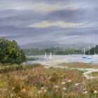 Lake District art original oil painting by Jeff Sudders. Summer Meadows by Windermere featuring sailboats floating on the lake moody grey skies and a meadow of flowers in the foreground.