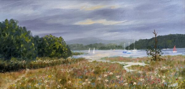 Lake District art original oil painting by Jeff Sudders. Summer Meadows by Windermere featuring sailboats floating on the lake moody grey skies and a meadow of flowers in the foreground.