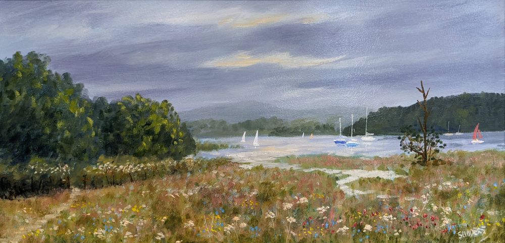 Summer at Waterhead 07-26 by Jeff Sudders 12x24 image Lake District art original oil painting by Jeff Sudders. Summer Meadows by Windermere featuring sailboats floating on the lake moody grey skies and a meadow of flowers in the foreground.