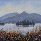 Lake District oil painting by Jeff Sudders of Derwent Water looking to Catbells and the Newlands Valley through wildflowers on the shoreline.