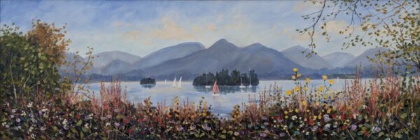 Lake District oil painting by Jeff Sudders of Derwent Water looking to Catbells and the Newlands Valley through wildflowers on the shoreline.