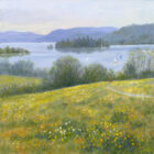 lake district art original oil painting by local artist Jeff Sudders featuring Summertime on Queen Adelaide Hill. Golden fields overlooking lake windermere with sailboats floating by.