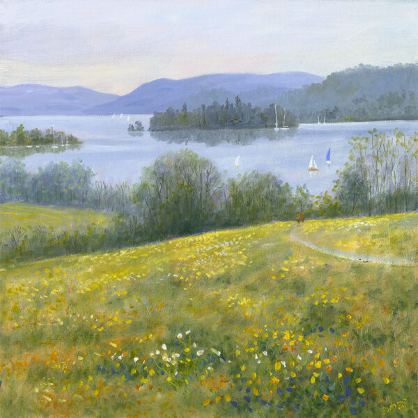 lake district art original oil painting by local artist Jeff Sudders featuring Summertime on Queen Adelaide Hill. Golden fields overlooking lake windermere with sailboats floating by.
