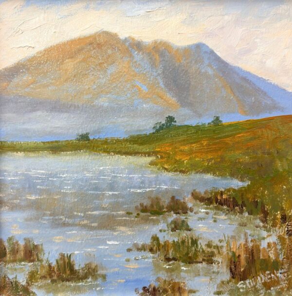 lake district art original oil painting by local artist Jeff Sudders featuring Sunrise on Blencathra fells reflecting on the water in the foreground.