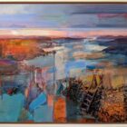 Original mixed media painting by Kate Boyce featuring abstract sunset over Windermere from Loughrigg