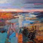 Original mixed media painting by Kate Boyce featuring abstract sunset over Windermere from Loughrigg.