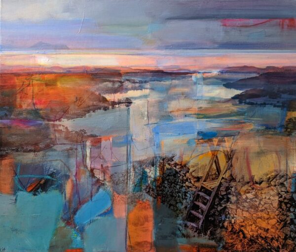 Original mixed media painting by Kate Boyce featuring abstract sunset over Windermere from Loughrigg.