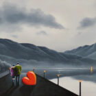 lake district art original oil painting by artist david renshaw. Ted and Doris on jetty overlooking greyscale lake and mountains with red love heart