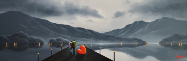 lake district art original oil painting by artist david renshaw. Ted and Doris on jetty overlooking greyscale lake and mountains with red love heart