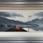 lake district art original oil painting by artist david renshaw. Ted and Doris on jetty overlooking greyscale lake and mountains with red love heart