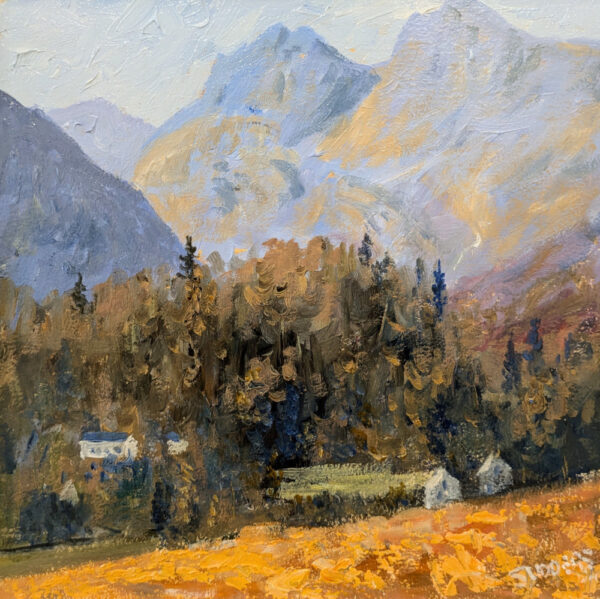 lake district art original oil painting by local artist Jeff Sudders featuring the iconic langdale pikes from valley with cottages and orange trees