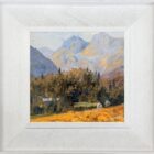 lake district art original oil painting by local artist Jeff Sudders featuring the iconic langdale pikes from valley with cottages and orange trees