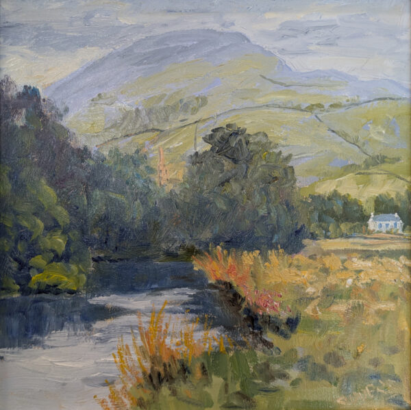 lake district art original oil painting by local artist Jeff Sudders featuring the river rothay in ambleside with summer house and st marys church steeple